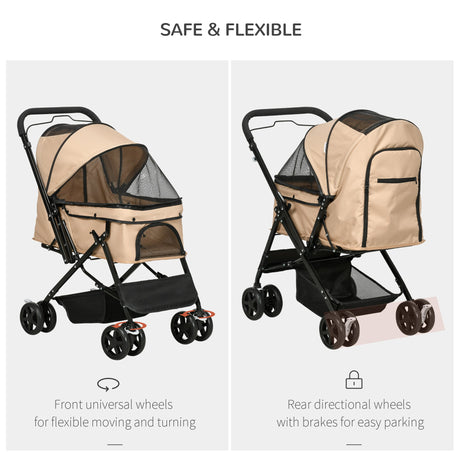 Pet Stroller for Dogs/Cats: Reversible Handle & Folding Design, PawHut, Beige