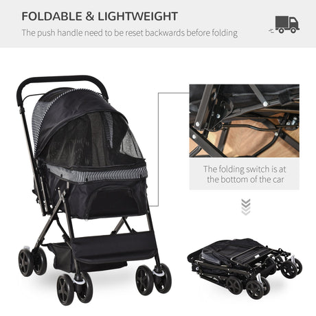 Pet Stroller for Dogs/Cats: Reversible Handle & Folding Design, PawHut, Black