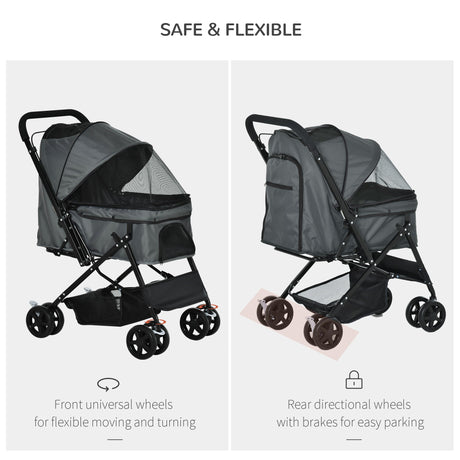 Pet Stroller for Dogs/Cats: Reversible Handle & Folding Design, PawHut, Grey