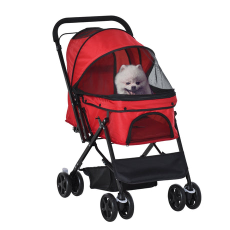 Pet Stroller for Dogs/Cats: Reversible Handle & Folding Design, PawHut, Red