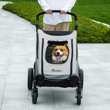 Pet Stroller for Medium Dogs Cat Pushchair Buggy Pram with 4 Wheels Safety Leash Zipper Doors Mesh Windows Storage Bag, Grey, PawHut,