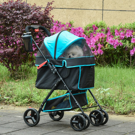 Pet Stroller Pushchair Travel One-Click Fold Trolley with EVA Wheels Brake Removable Cloth Basket Bottle Holder Adjustable Canopy Safety Leash, PawHut,