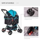 Pet Stroller Pushchair Travel One-Click Fold Trolley with EVA Wheels Brake Removable Cloth Basket Bottle Holder Adjustable Canopy Safety Leash, PawHut,