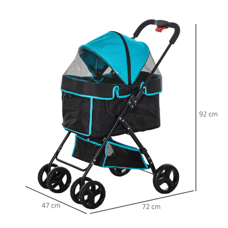 Pet Stroller Pushchair Travel One-Click Fold Trolley with EVA Wheels Brake Removable Cloth Basket Bottle Holder Adjustable Canopy Safety Leash, PawHut,