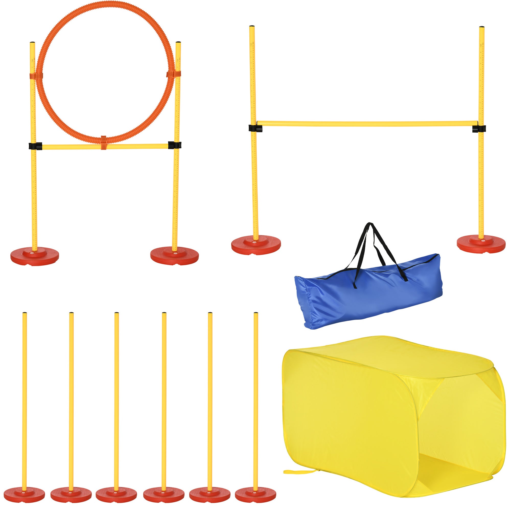 Portable Pet Agility Training Obstacle Set for Dogs w/ Adjustable High Jumping Pole, Jumping Ring, Turnstile poles, Tunnel, PawHut,