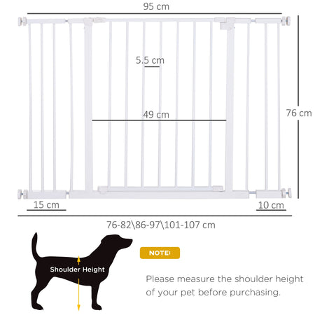 Pressure Fitted Pet Dog Safety Gate Metal Fence Extending 76-107cm Wide, PawHut, White