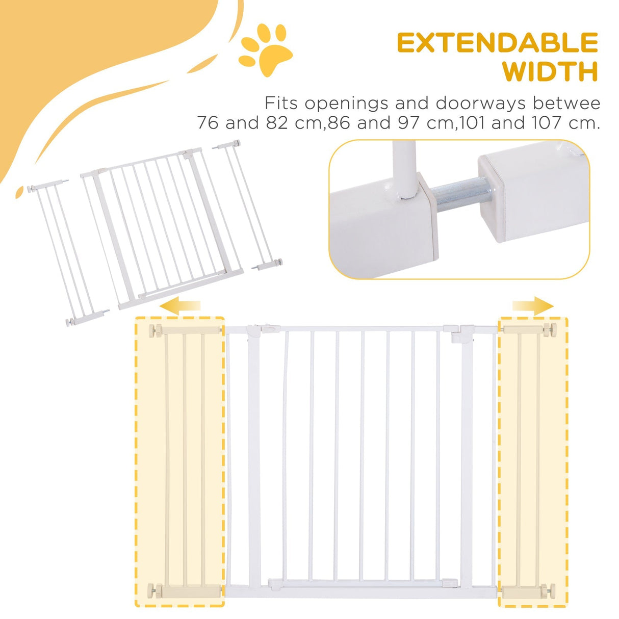 Pressure Fitted Pet Dog Safety Gate Metal Fence Extending 76-107cm Wide, PawHut, White