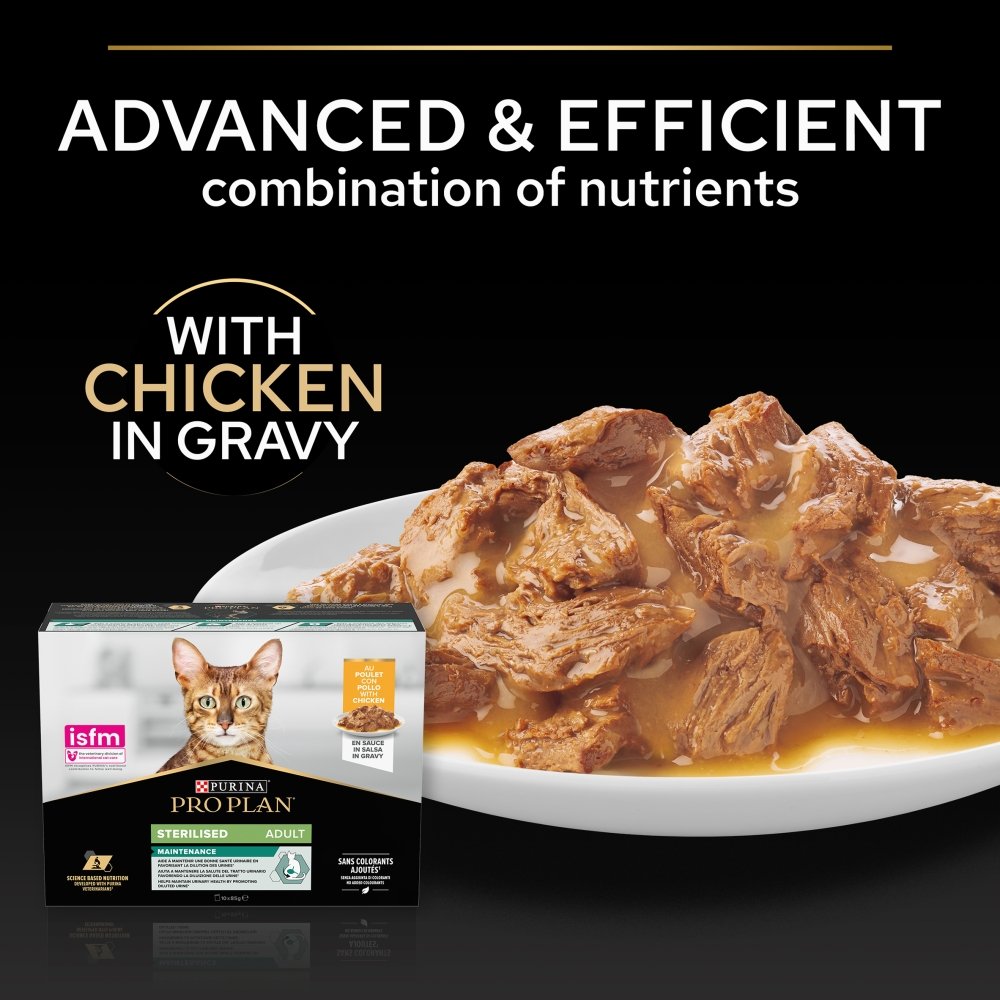 Pro Plan Adult 1+ Sterilised Maintenance with Chicken Gravy Pouches 4x (10x85g), Pro Plan,