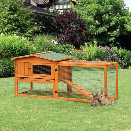 Rabbit Hutch and Run Outdoor Bunny Cage Wooden Guinea Pig Hide House with Sliding Tray, Hay Rack, Ramp, 156 x 58 x 68cm, PawHut,