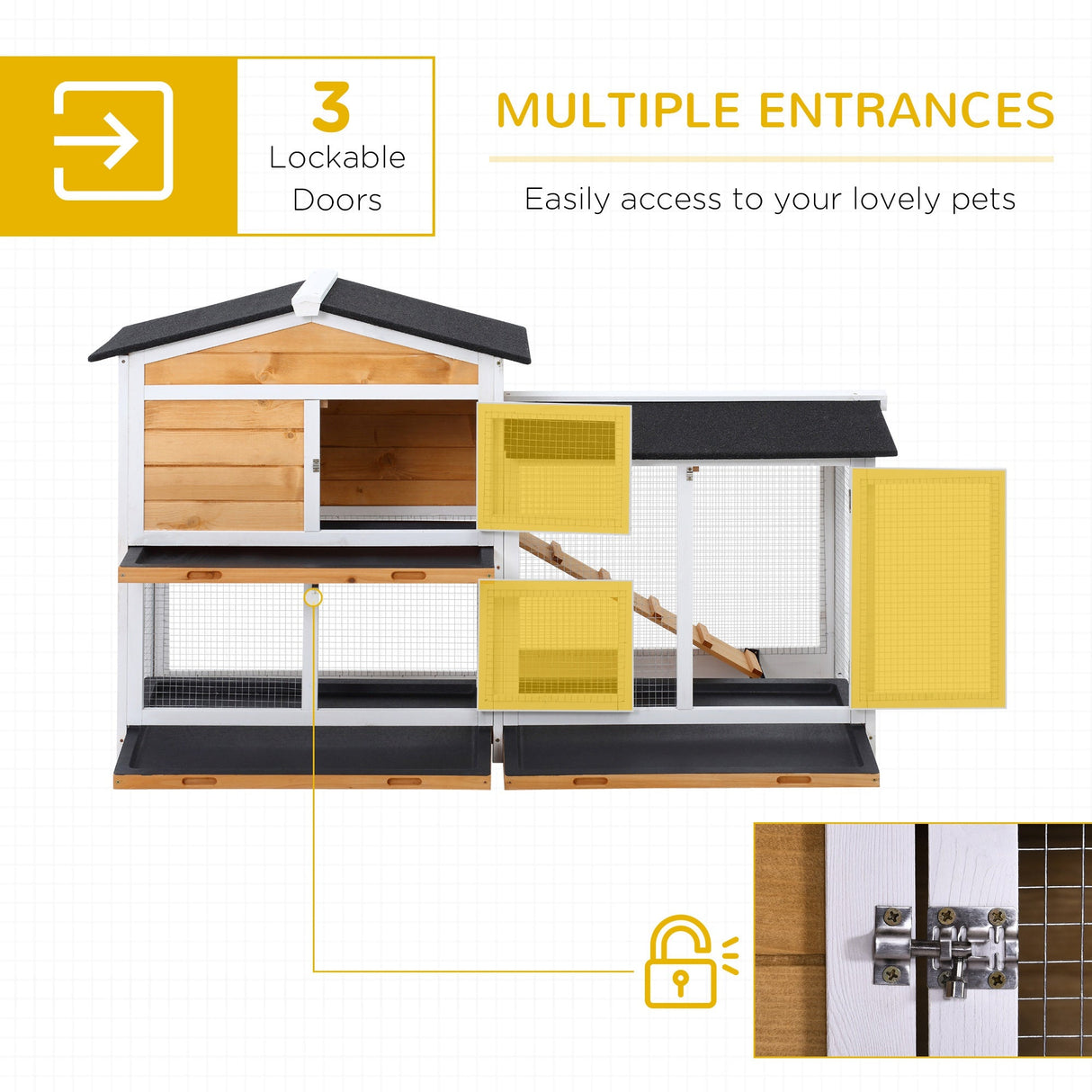 Rabbit Hutch Guinea Pig Hutch Wooden House with Run, 2 Tier Pet Cage Outdoor 157.4 x 53 x 93.5cm, Yellow, PawHut,