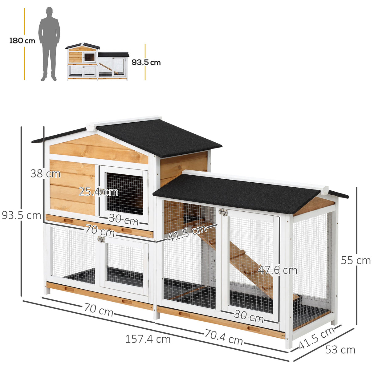 Rabbit Hutch Guinea Pig Hutch Wooden House with Run, 2 Tier Pet Cage Outdoor 157.4 x 53 x 93.5cm, Yellow, PawHut,