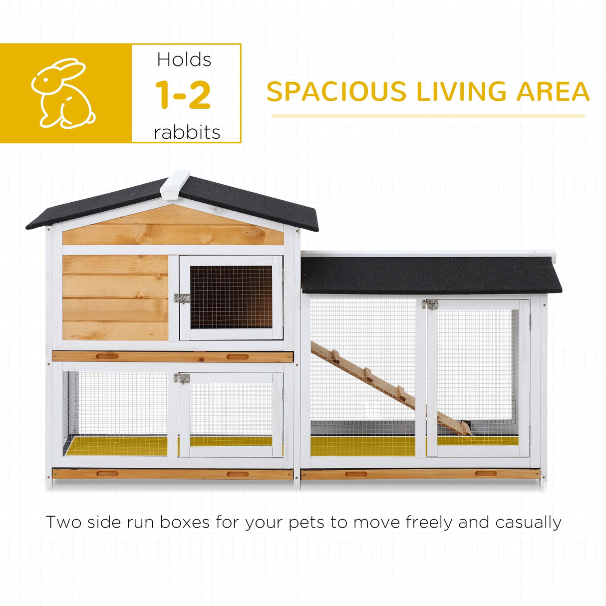 Rabbit Hutch Guinea Pig Hutch Wooden House with Run, 2 Tier Pet Cage Outdoor 157.4 x 53 x 93.5cm, Yellow, PawHut,