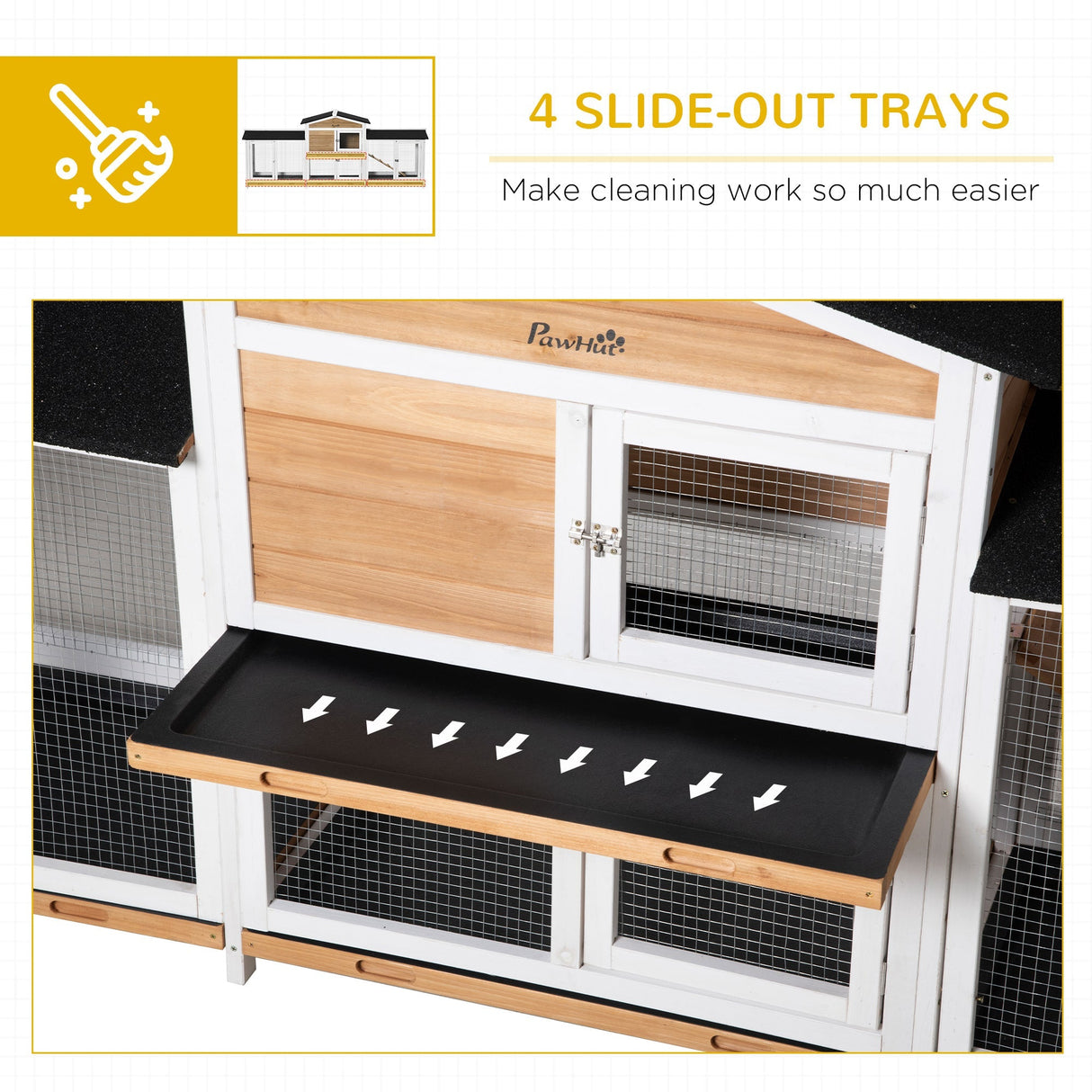 Rabbit Hutch Outdoor, 2-Tier Guinea Pig Hutch, Wooden Bunny Run, Small Animal House with Double Side Run Boxes, Slide-out Tray, Ramp, 230 x 53 x 93.5cm, PawHut,