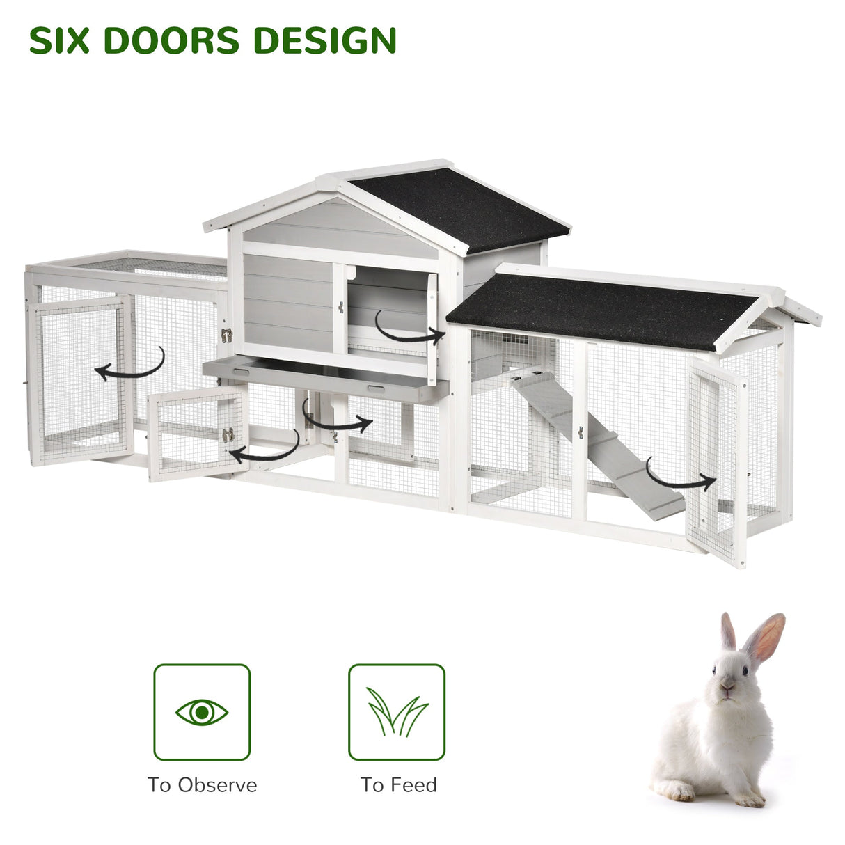 Rabbit Hutch Outdoor, 7.4Ft Large Guinea Pig House, 2 Tiers Bunny Run Cage with Sliding Tray for 2-4 Rabbits - Grey, PawHut,