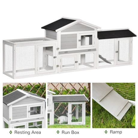 Rabbit Hutch Outdoor, 7.4Ft Large Guinea Pig House, 2 Tiers Bunny Run Cage with Sliding Tray for 2-4 Rabbits - Grey, PawHut,