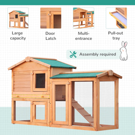 Rabbit Hutch Outdoor, Guinea Pig Hutch, Wooden Bunny Cage, Small Animal House with Pull Out Tray, Rabbit Run, 145 x 45 x 85 cm, PawHut,