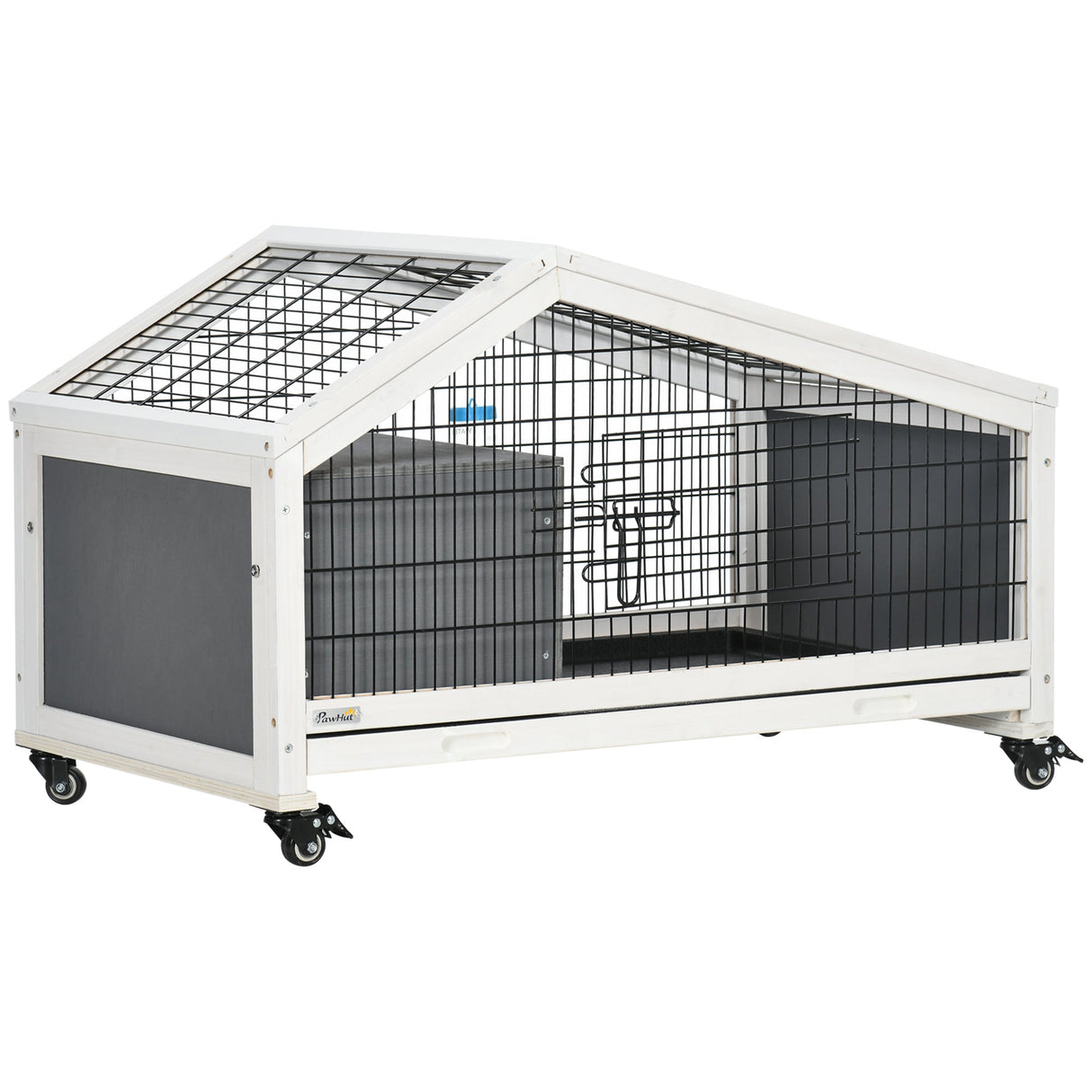 Rabbit Hutch with Water Bottle, Guinea Pig Cage with Wheels, Bunny Run with Plastic Slide-out Tray, Small Animal House for Indoor, Dark Grey, PawHut,