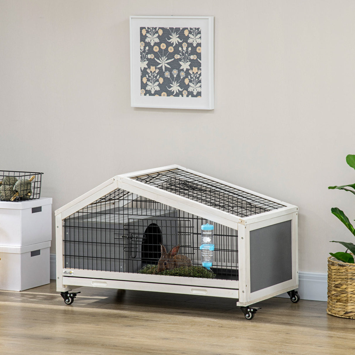 Rabbit Hutch with Water Bottle, Guinea Pig Cage with Wheels, Bunny Run with Plastic Slide-out Tray, Small Animal House for Indoor, Dark Grey, PawHut,