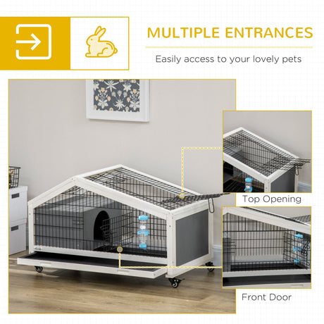 Rabbit Hutch with Water Bottle, Guinea Pig Cage with Wheels, Bunny Run with Plastic Slide-out Tray, Small Animal House for Indoor, Dark Grey, PawHut,