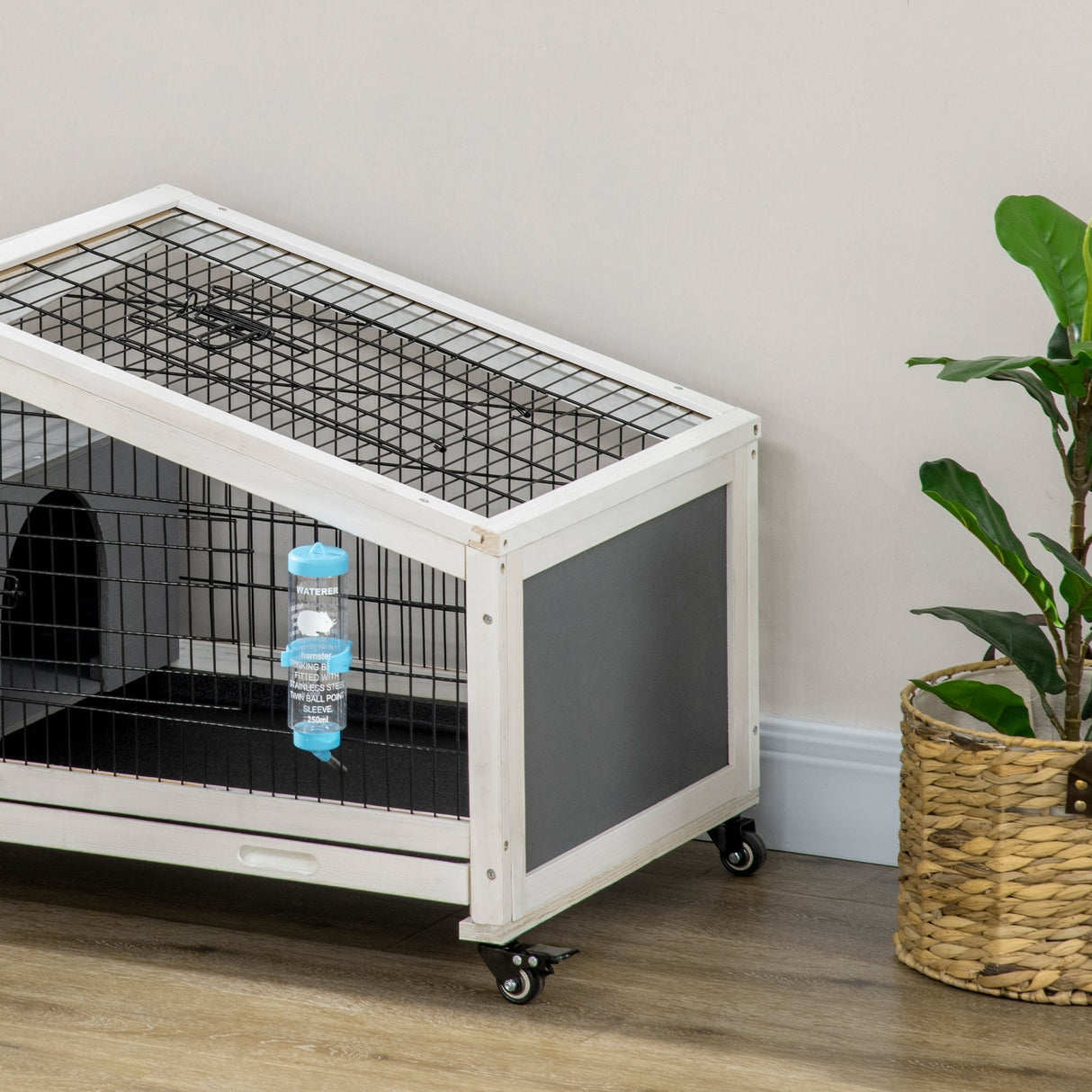 Rabbit Hutch with Water Bottle, Guinea Pig Cage with Wheels, Bunny Run with Plastic Slide-out Tray, Small Animal House for Indoor, Dark Grey, PawHut,