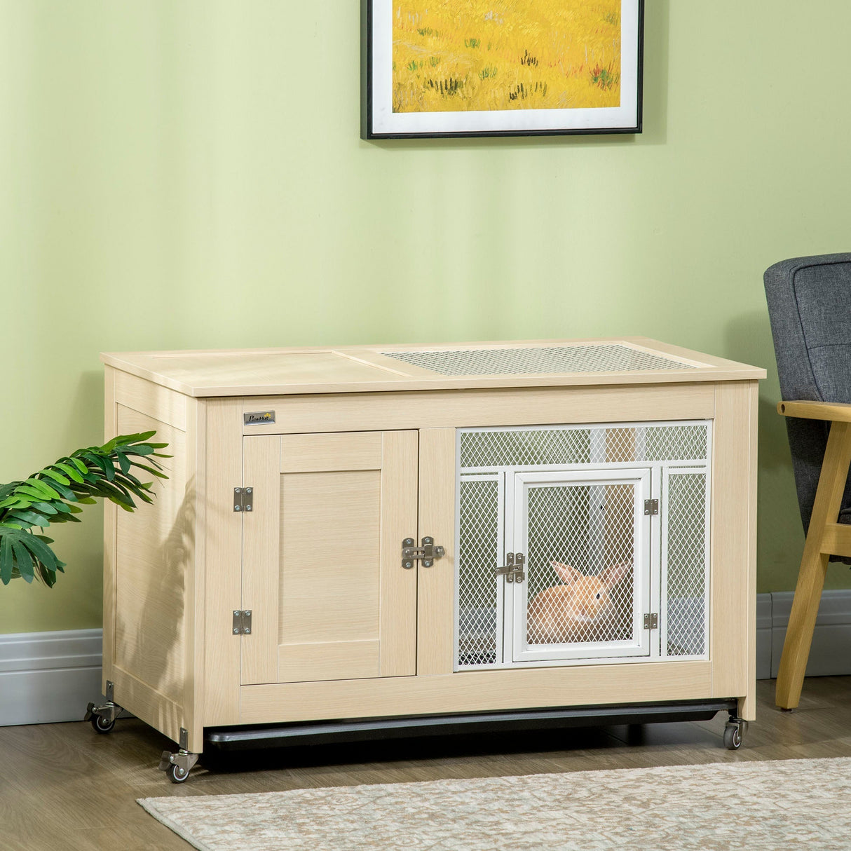 Rabbit Hutch, with Wheels, Removable Tray, Openable Roof, for 1-2 Rabbits - Oak Tone, PawHut,