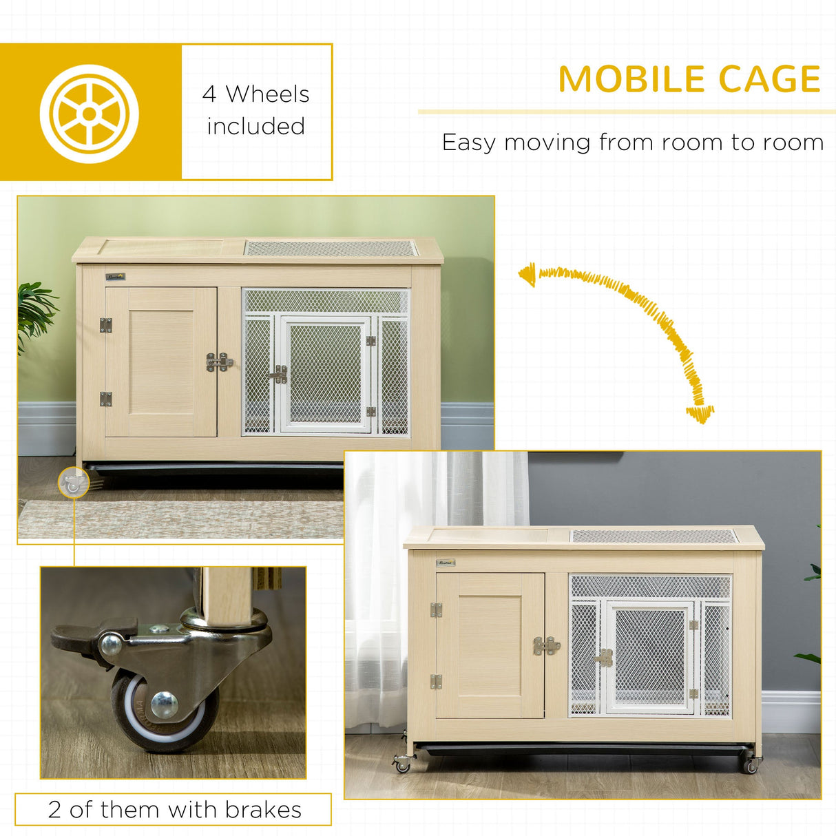 Rabbit Hutch, with Wheels, Removable Tray, Openable Roof, for 1-2 Rabbits - Oak Tone, PawHut,