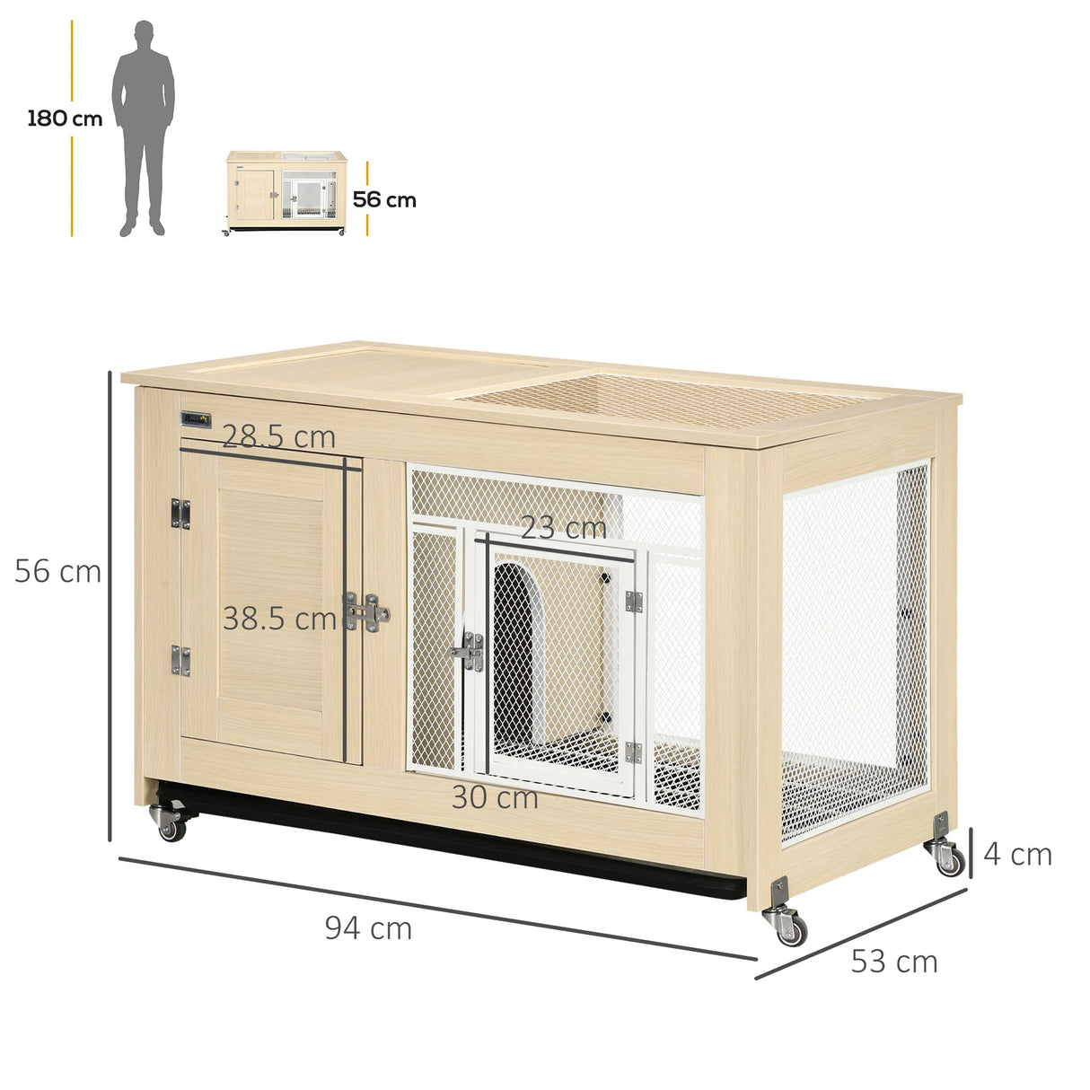 Rabbit Hutch, with Wheels, Removable Tray, Openable Roof, for 1-2 Rabbits - Oak Tone, PawHut,