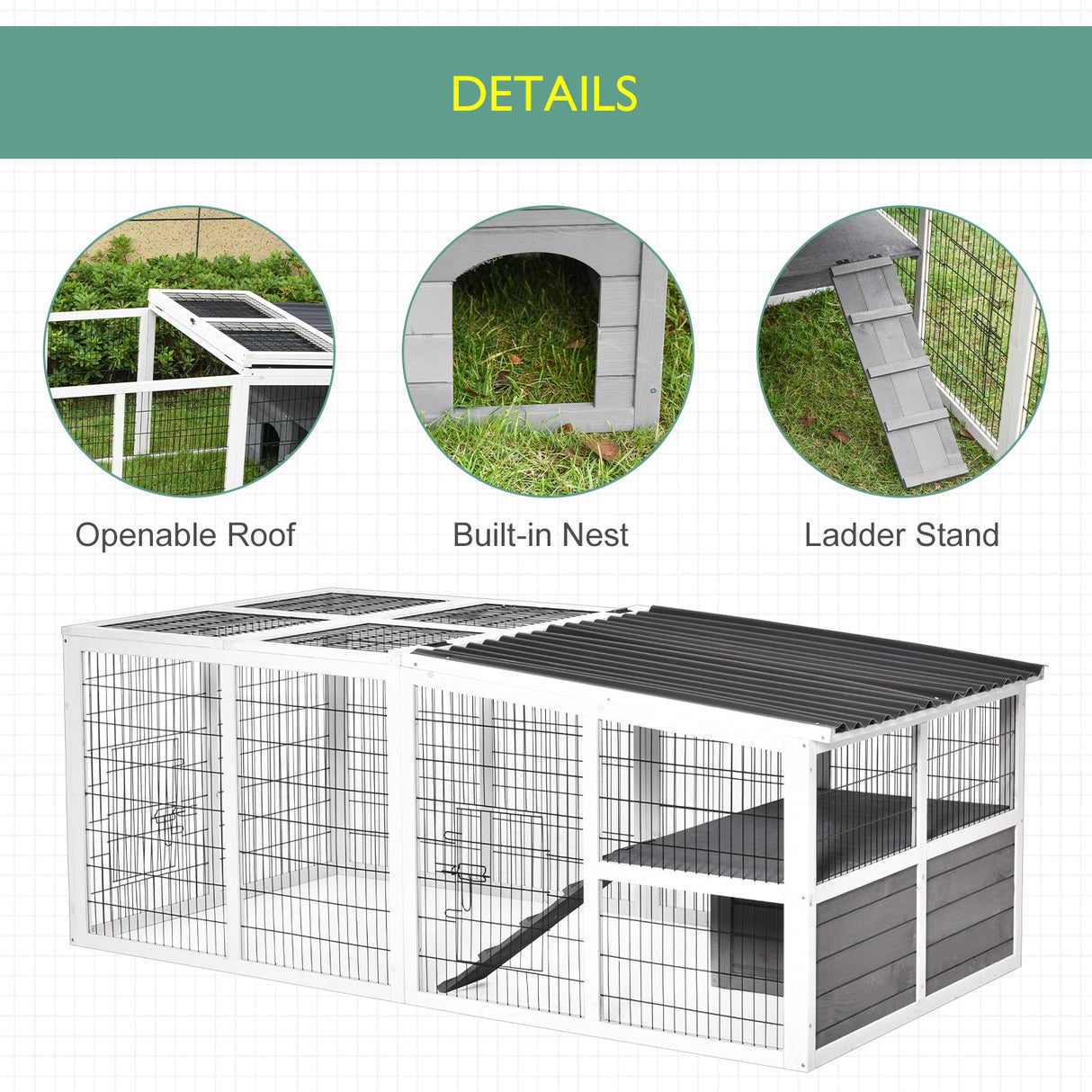 Rabbit Hutch Wooden Small Animal Cage Rabbit Run Cover Indoor Outdoor, Grey, PawHut,