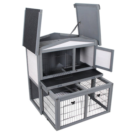 Rabbits 2-Tier Fur Wood Outdoor Hutch Grey, PawHut,