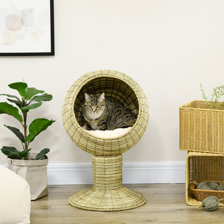 Raised Cat House, Natural Mat Grass Cat Bed, Kitten Cave with Stand Cushion, Detachable Top, Round, Yellow, Φ41x 71,5 cm, PawHut,