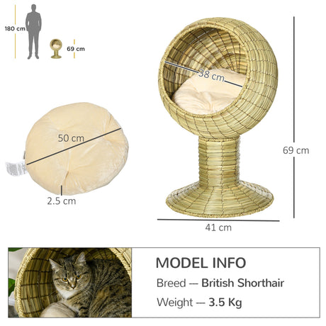 Raised Cat House, Natural Mat Grass Cat Bed, Kitten Cave with Stand Cushion, Detachable Top, Round, Yellow, Φ41x 71,5 cm, PawHut,