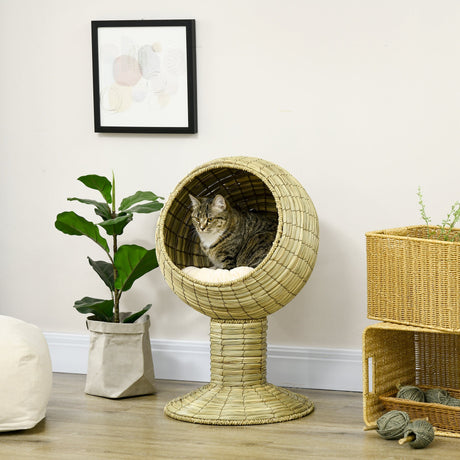 Raised Cat House, Natural Mat Grass Cat Bed, Kitten Cave with Stand Cushion, Detachable Top, Round, Yellow, Φ41x 71,5 cm, PawHut,