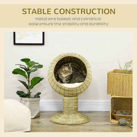 Raised Cat House, Natural Mat Grass Cat Bed, Kitten Cave with Stand Cushion, Detachable Top, Round, Yellow, Φ41x 71,5 cm, PawHut,