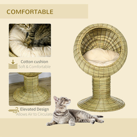 Raised Cat House, Natural Mat Grass Cat Bed, Kitten Cave with Stand Cushion, Detachable Top, Round, Yellow, Φ41x 71,5 cm, PawHut,