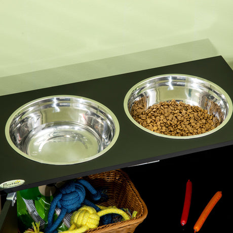 Raised Dog Bowls for Large Dogs Pet Feeding Station with Stand, Storage, 2 Stainless Steel Food and Water Bowls, PawHut, Black