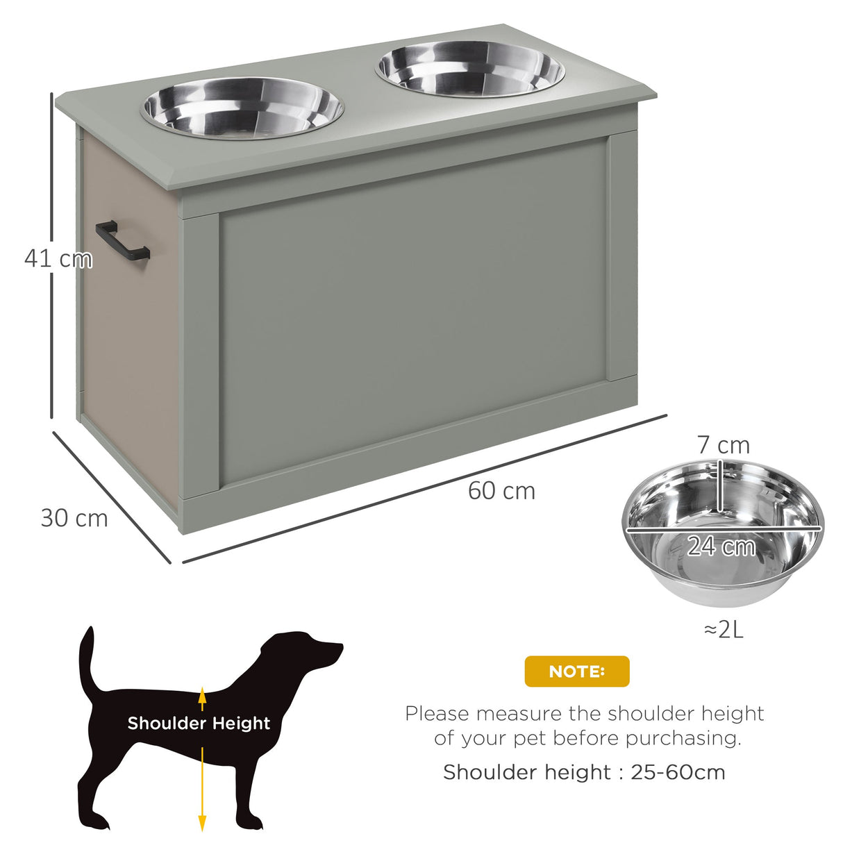 Raised Dog Bowls, with Storage, Two Stainless Steel Bowls, Elevated Base for Large Dogs, PawHut, Grey