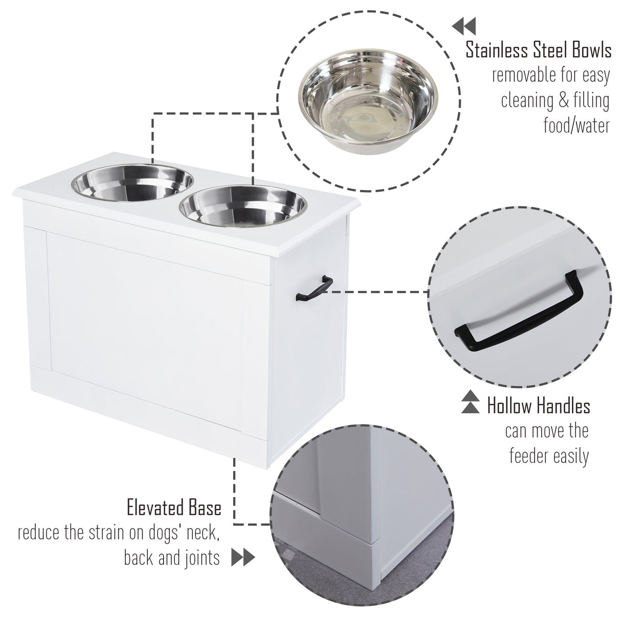 Raised Dog Bowls, with Storage, Two Stainless Steel Bowls, Elevated Base for Large Dogs, PawHut, White