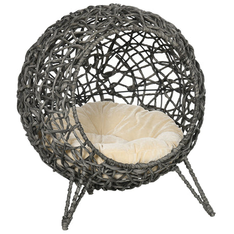 Rattan Elevated Cat Bed House Kitten Basket Ball Shaped Pet Furniture w/ Removable Cushion, PawHut, Natural