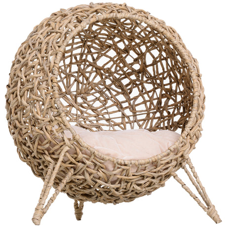 Rattan Elevated Cat Bed House Kitten Basket Ball Shaped Pet Furniture w/ Removable Cushion, PawHut, Natural