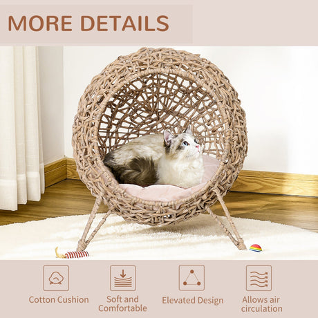 Rattan Elevated Cat Bed House Kitten Basket Ball Shaped Pet Furniture w/ Removable Cushion, PawHut, Natural