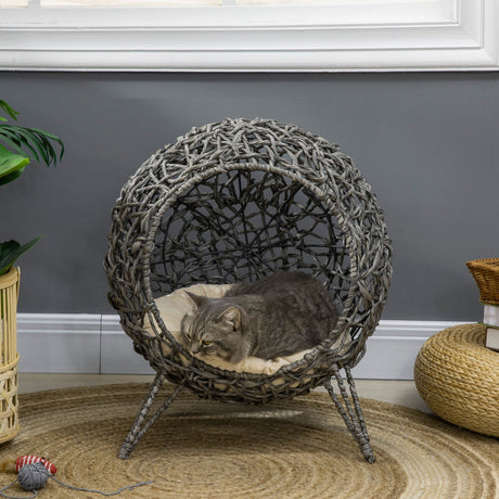 Rattan Elevated Cat Bed House Kitten Basket Ball Shaped Pet Furniture w/ Removable Cushion, PawHut, Natural