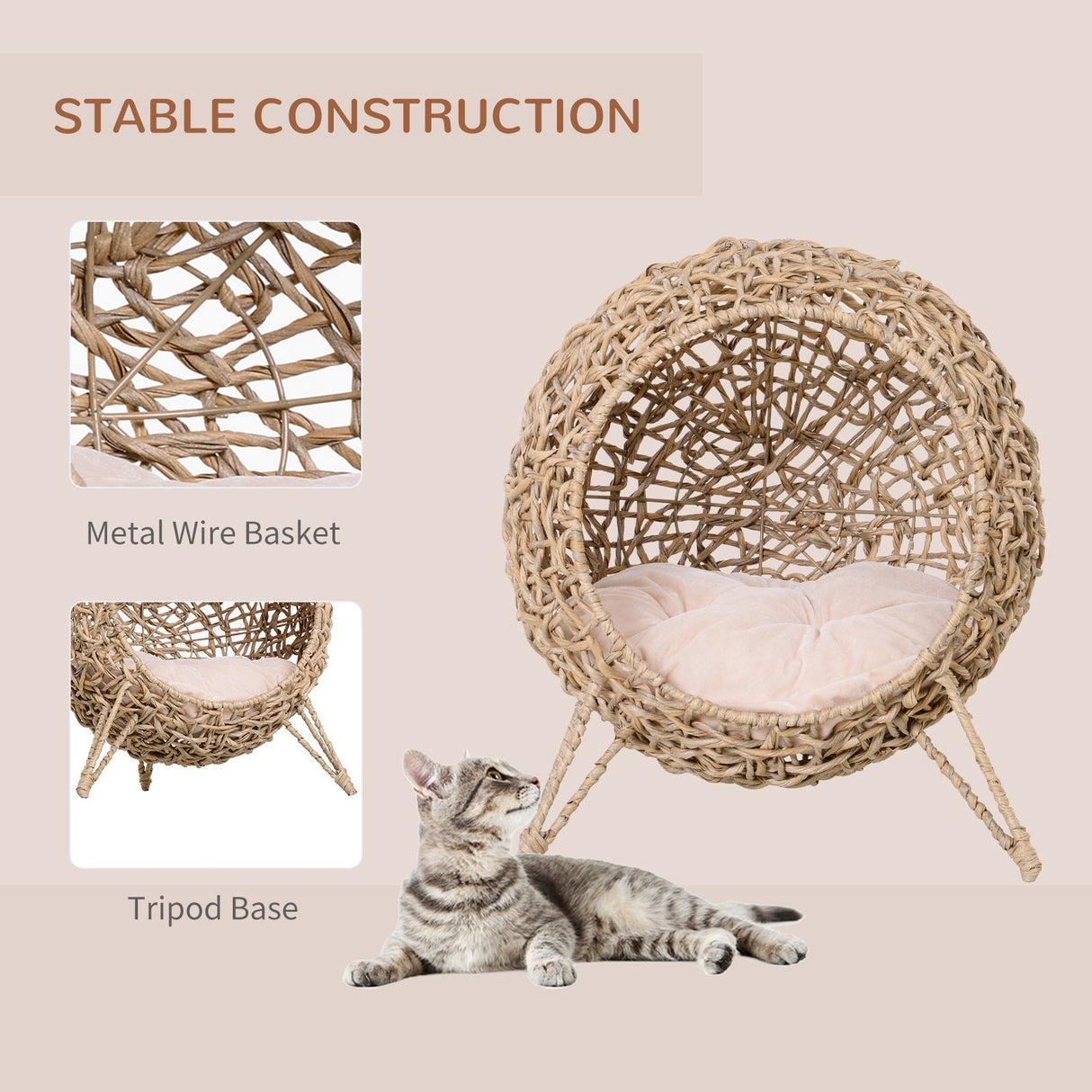 Rattan Elevated Cat Bed House Kitten Basket Ball Shaped Pet Furniture w/ Removable Cushion, PawHut, Natural
