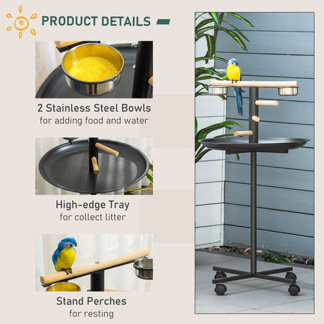 Rolling Metal Bird Play Stand - Perch & Feeding Station, PawHut,