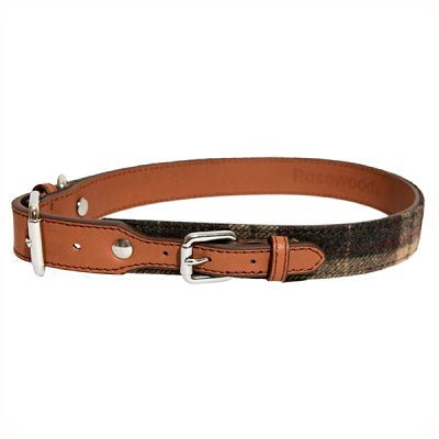 Rosewood Luxury Tweed Check Leather Dog Collar, Rosewood, 20.3cm - 30.5cm