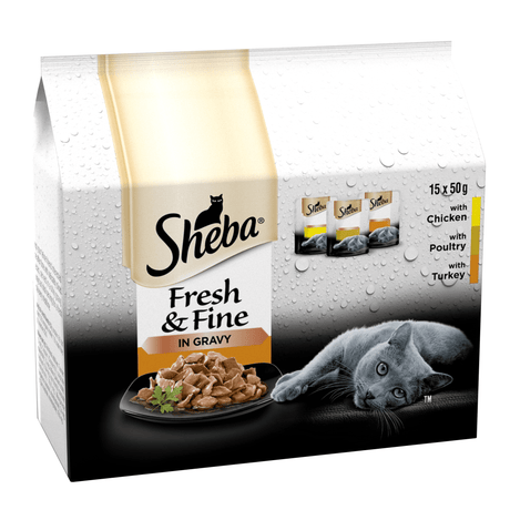 Sheba Fresh & Fine Adult Chicken, Poultry & Duck in Gravy Pouches 3x (15x50g), Sheba,