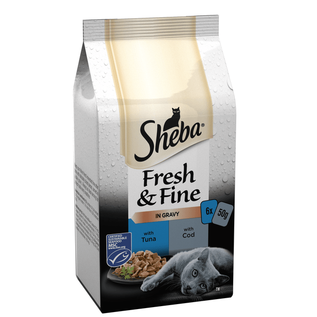 Sheba Fresh & Fine Adult Tuna & Cod in Gravy Pouches 8x (6x50g), Sheba,