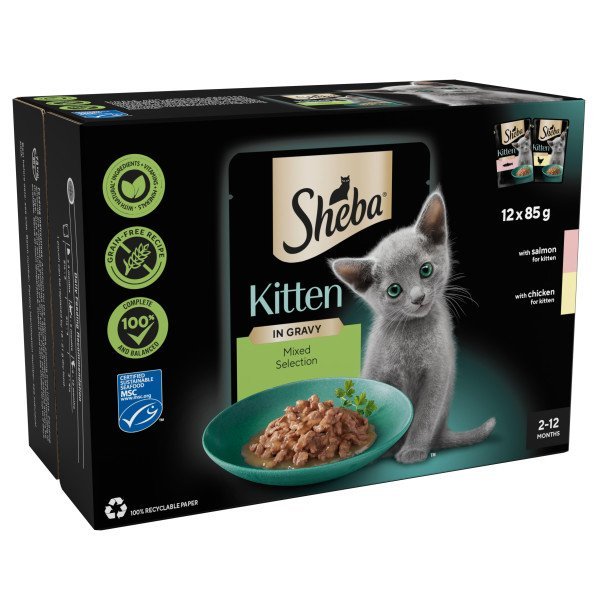 Sheba Mixed Selection in Gravy Kitten Pouches Wet Cat Food, Sheba, 4x (12 x 85g)