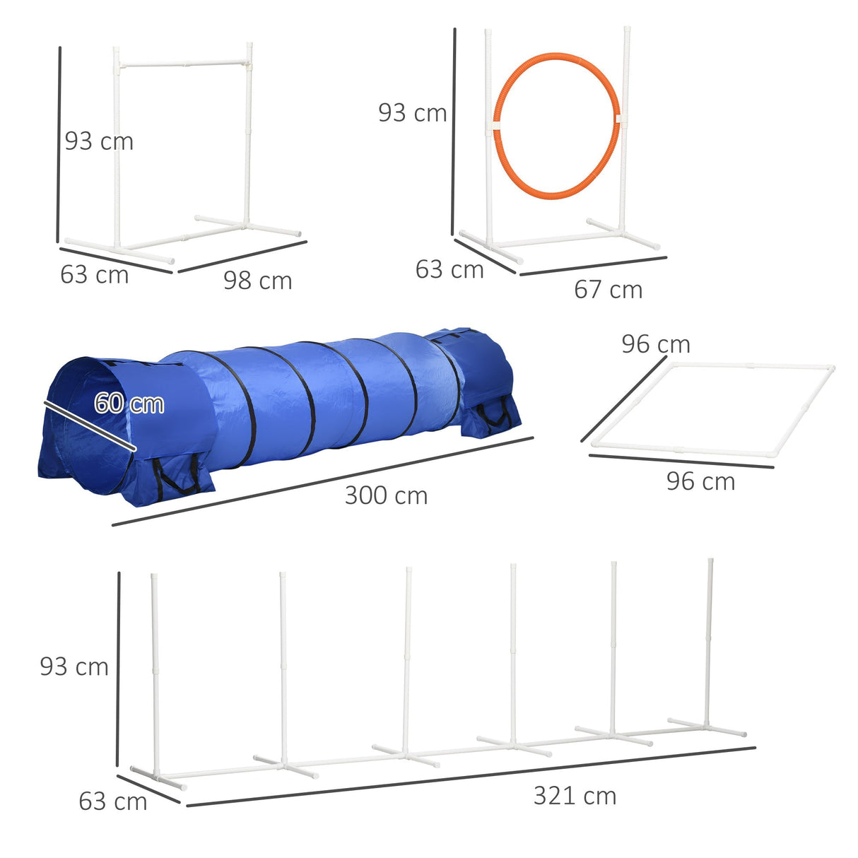 Six-Piece Dog Agility Set with 3m Long Tunnel, Whistle, Pause Box, Jumps, Weave Poles, PawHut,