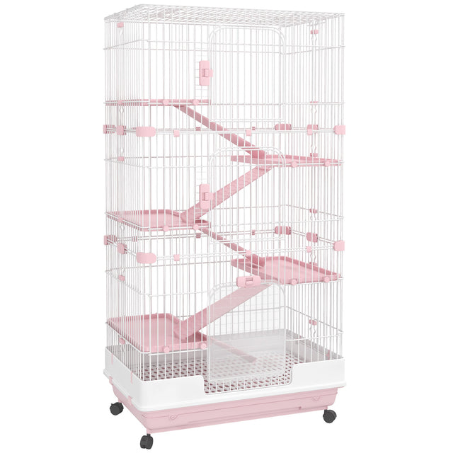 Six-Tier Cage for Small Animals with Wheels - Pink, PawHut,