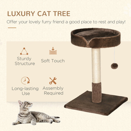 Small Cat Tree for Indoor Cats with Sisal Scratching Post Kitten Bed Cushion Ball Toy, Brown, 45x45x70 cm, PawHut,